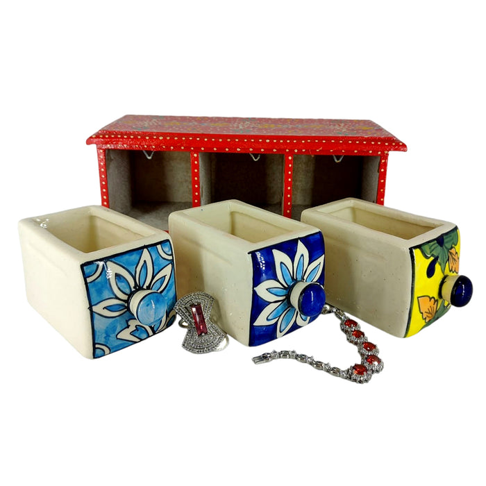 Handcrafted 3 Drawer Wooden Ceramic Storage Box