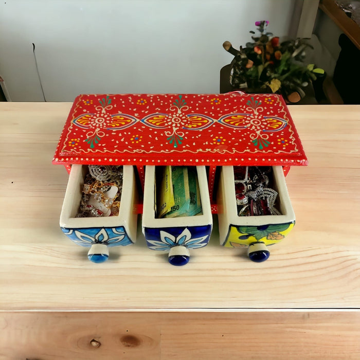 Handcrafted 3 Drawer Wooden Ceramic Storage Box