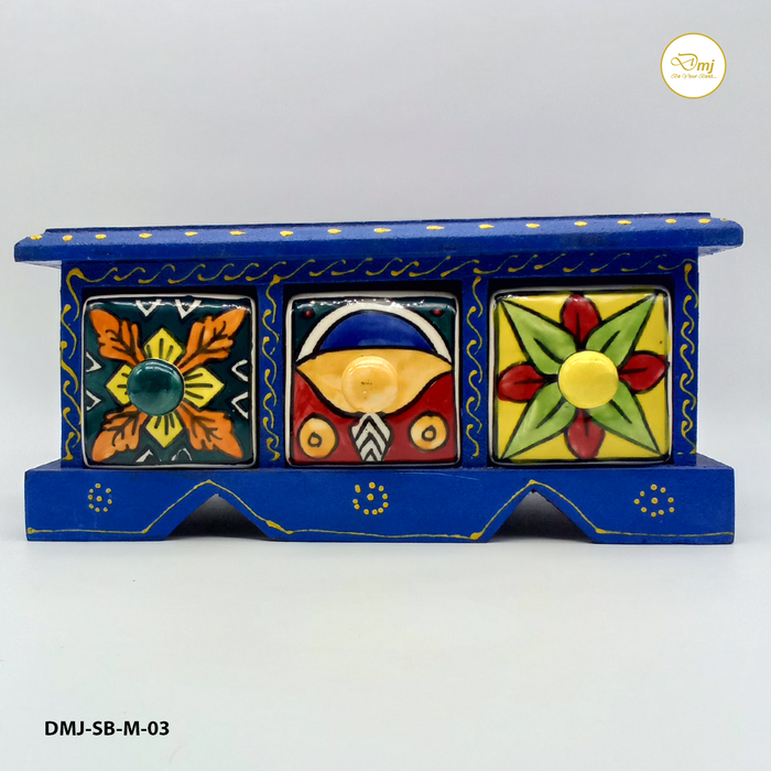 Handcrafted Blue Color Wooden Ceramic Drawer Storage Box
