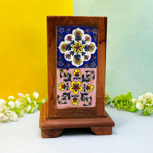 Handcrafted Wooden Pen Stand with Ceramic Floral Tiles 1
