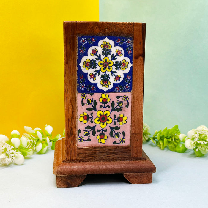 Handcrafted Wooden Pen Stand with Ceramic Floral Tiles 1