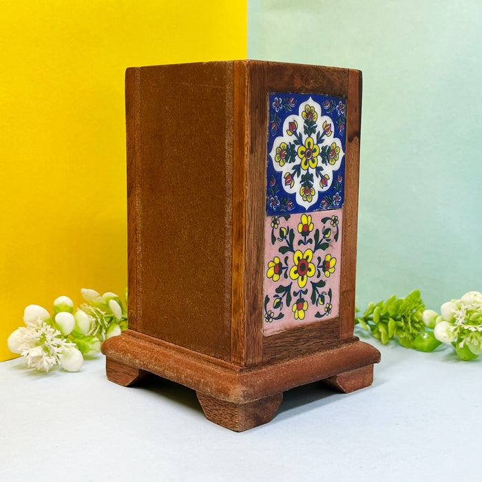 Handcrafted Wooden Pen Stand with Ceramic Floral Tiles 3