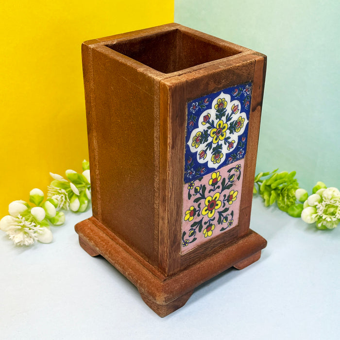 Handcrafted Wooden Pen Stand with Ceramic Floral Tiles 4