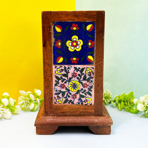 Handcrafted Wooden Pen Stand with Ceramic Floral Tiles
