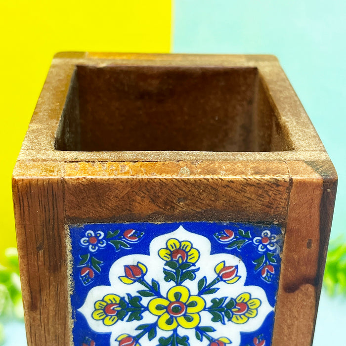 Handcrafted Wooden Pen Stand with Ceramic Floral Tiles 6