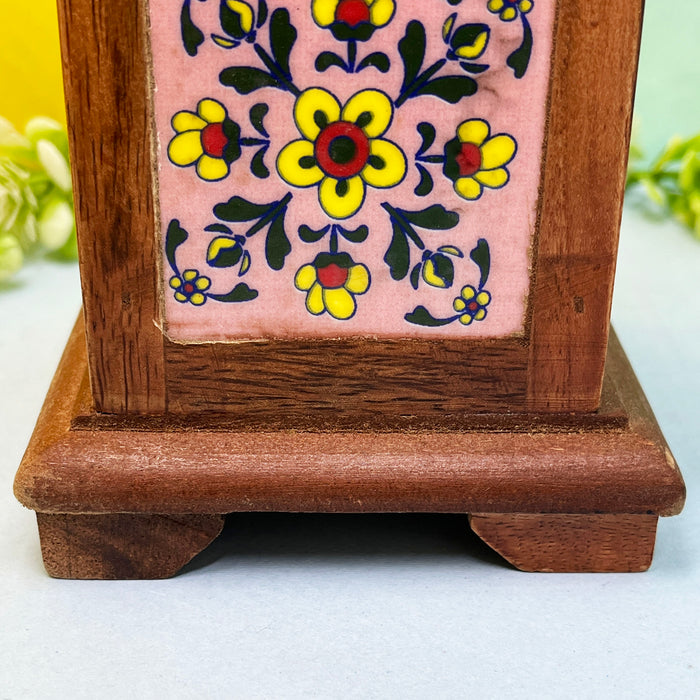 Handcrafted Wooden Pen Stand with Ceramic Floral Tiles 7