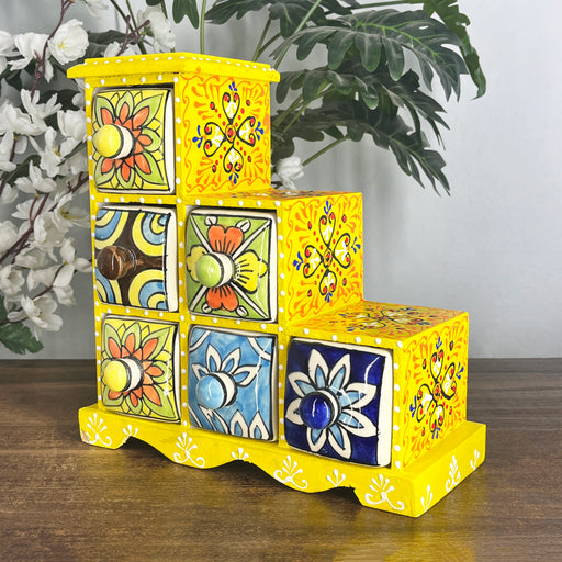 Handcrafted Yellow Wooden Storage Box with 6 Multicolor Ceramic Drawers 1