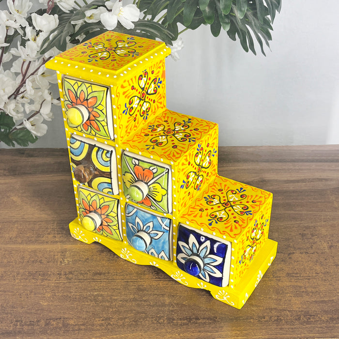 Handcrafted Yellow Wooden Storage Box with 6 Multicolor Ceramic Drawers 2