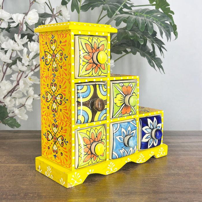 Handcrafted Yellow Wooden Storage Box with 6 Multicolor Ceramic Drawers 3