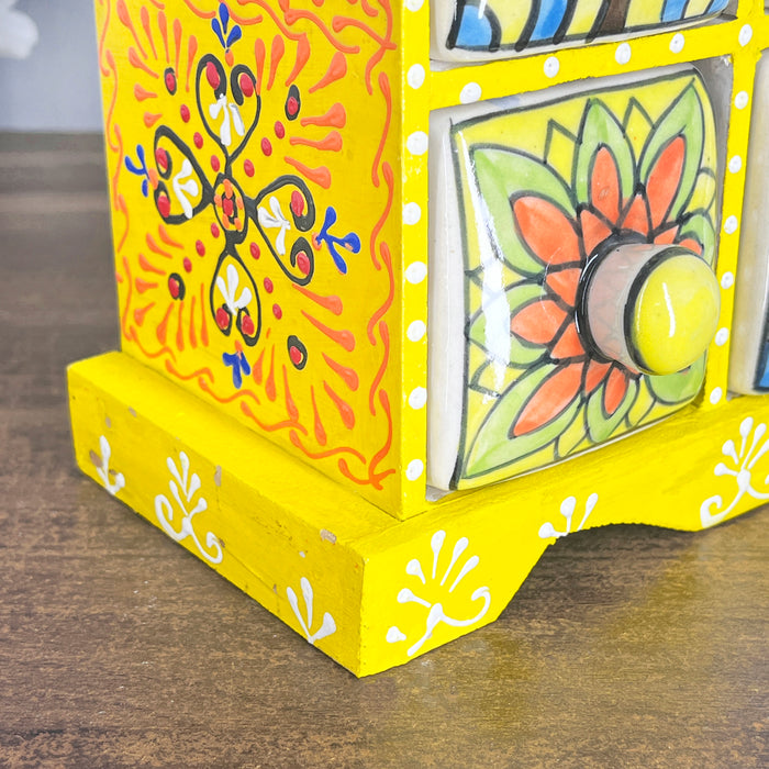 Handcrafted Yellow Wooden Storage Box with 6 Multicolor Ceramic Drawers 4