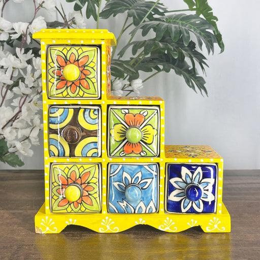 Handcrafted Yellow Wooden Storage Box with 6 Multicolor Ceramic Drawers