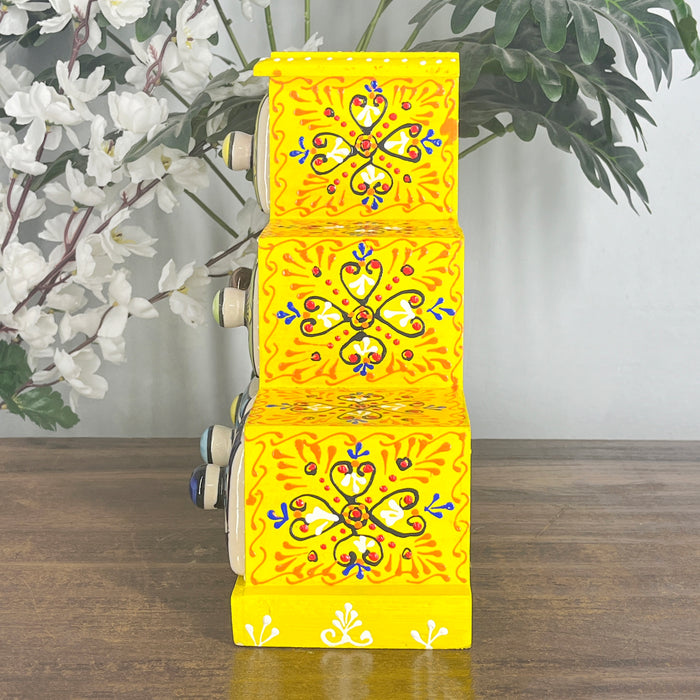 Handcrafted Yellow Wooden Storage Box with 6 Multicolor Ceramic Drawers 5