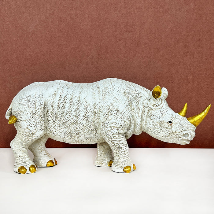 White & Gold Rhino Resin Showpiece – Modern Animal Figurine Home Decor