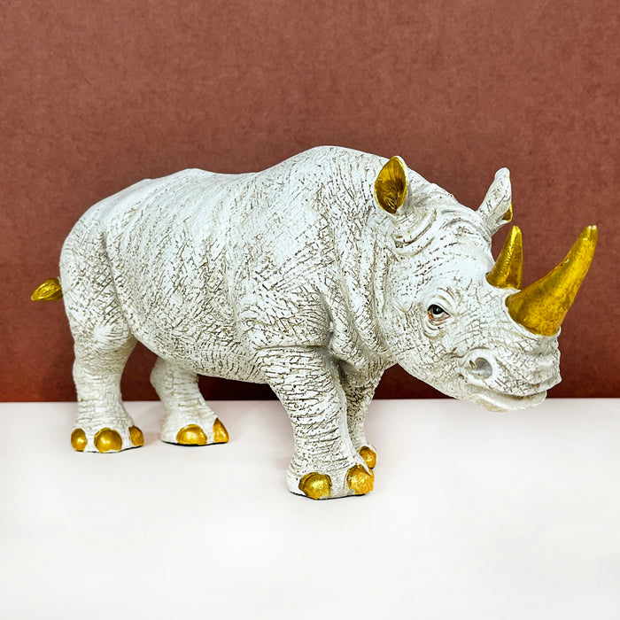 White & Gold Rhino Resin Showpiece – Modern Animal Figurine Home Decor