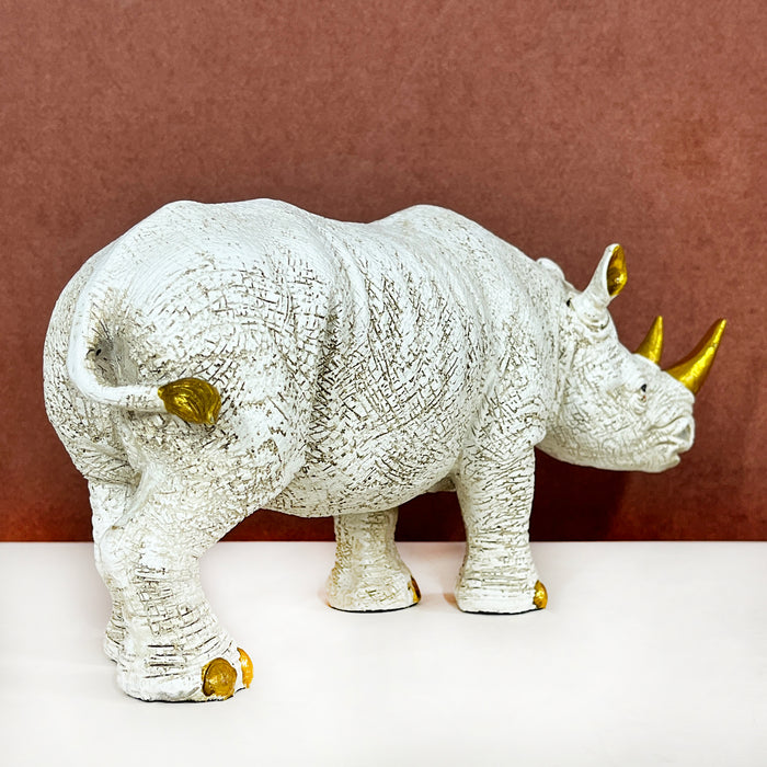 White & Gold Rhino Resin Showpiece – Modern Animal Figurine Home Decor