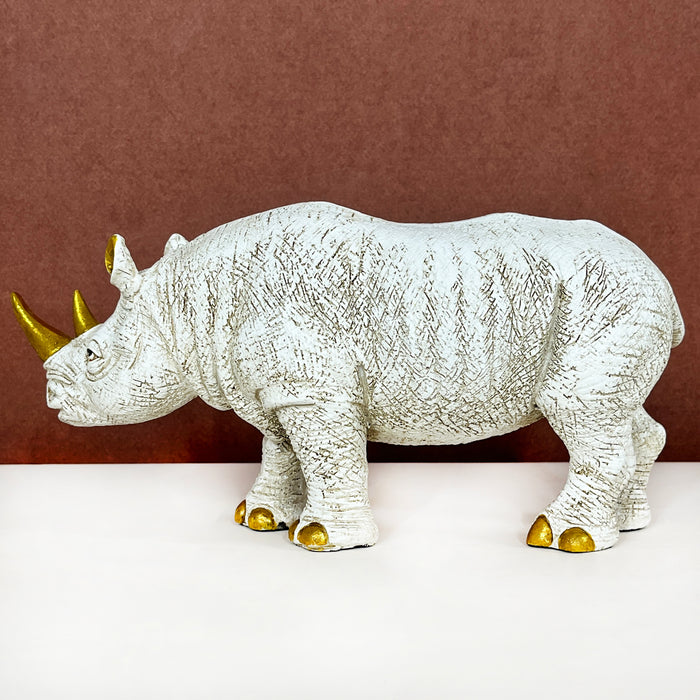 White & Gold Rhino Resin Showpiece – Modern Animal Figurine Home Decor