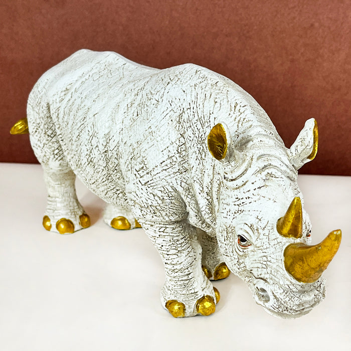 White & Gold Rhino Resin Showpiece – Modern Animal Figurine Home Decor