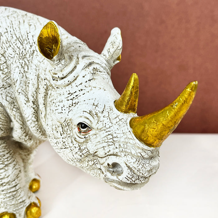 White & Gold Rhino Resin Showpiece – Modern Animal Figurine Home Decor