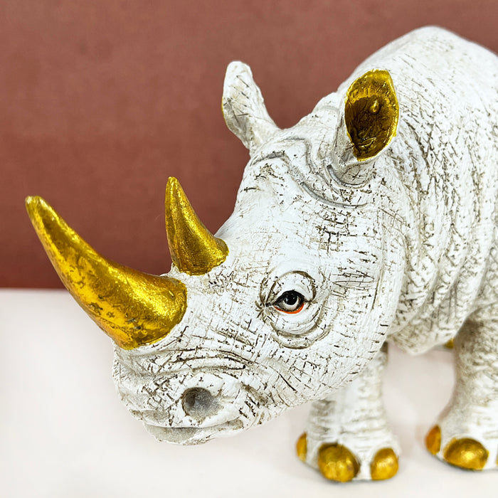 White & Gold Rhino Resin Showpiece – Modern Animal Figurine Home Decor