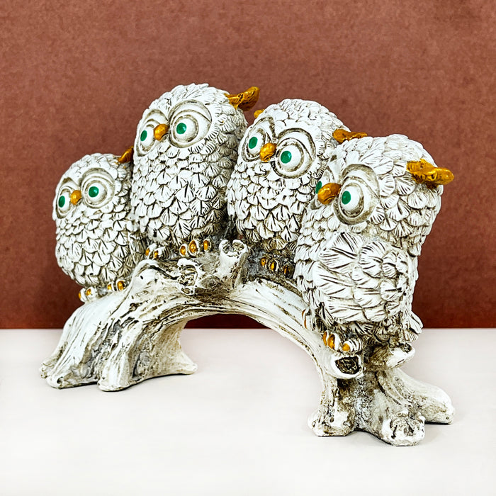 Silver Owl Family Figurine – Decorative Handcrafted Showpiece for Home & Office