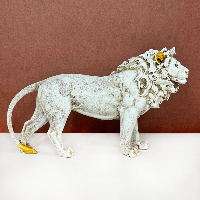 White & Gold Lion Resin Showpiece – Majestic Animal Figurine Home Decor