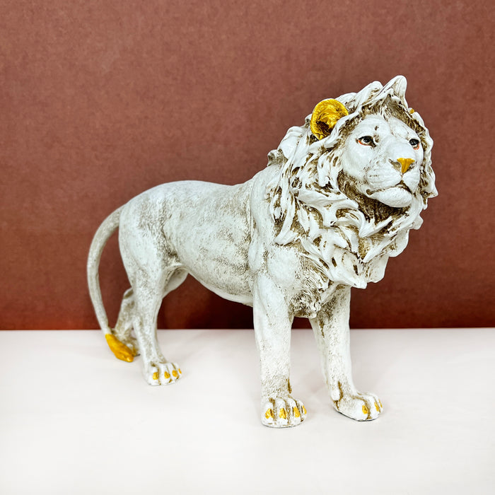 White & Gold Lion Resin Showpiece – Majestic Animal Figurine Home Decor