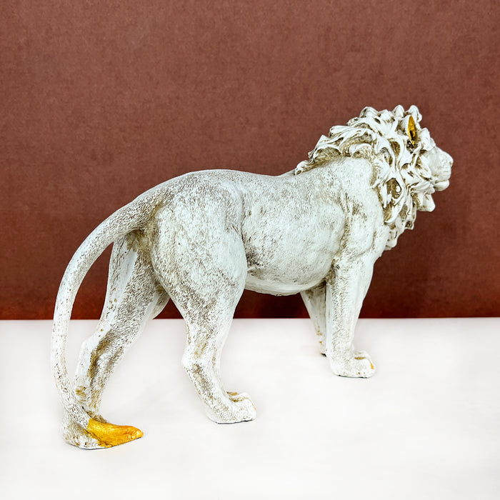 White & Gold Lion Resin Showpiece – Majestic Animal Figurine Home Decor