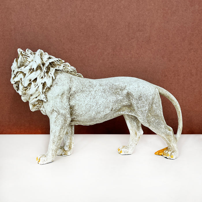 White & Gold Lion Resin Showpiece – Majestic Animal Figurine Home Decor