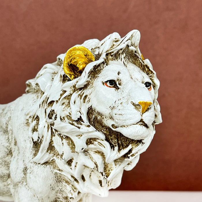 White & Gold Lion Resin Showpiece – Majestic Animal Figurine Home Decor