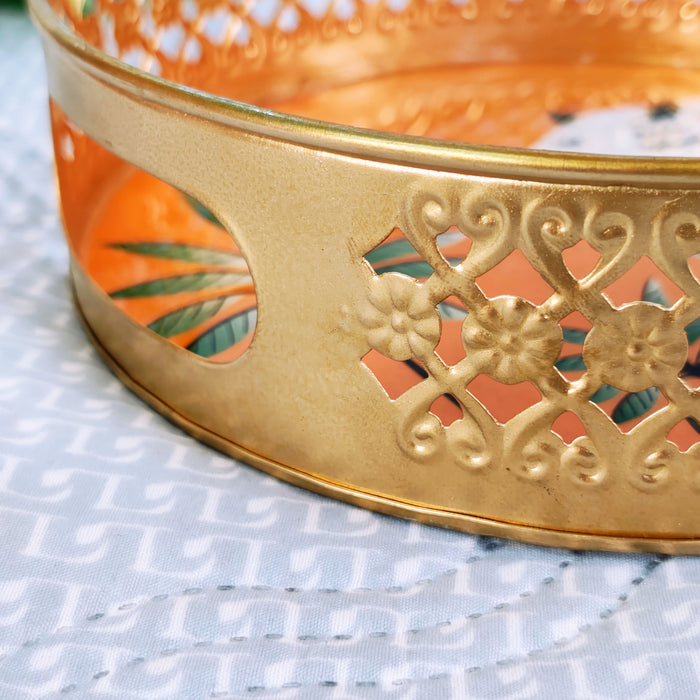Pichwai Art Metal Tray with Orange Background – Decorative Cow Design