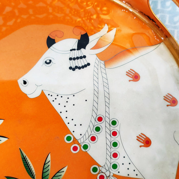 Pichwai Art Metal Tray with Orange Background – Decorative Cow Design