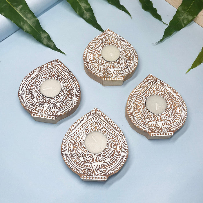 Leaf-shaped Kadamb wood tea light candle holders set of 4