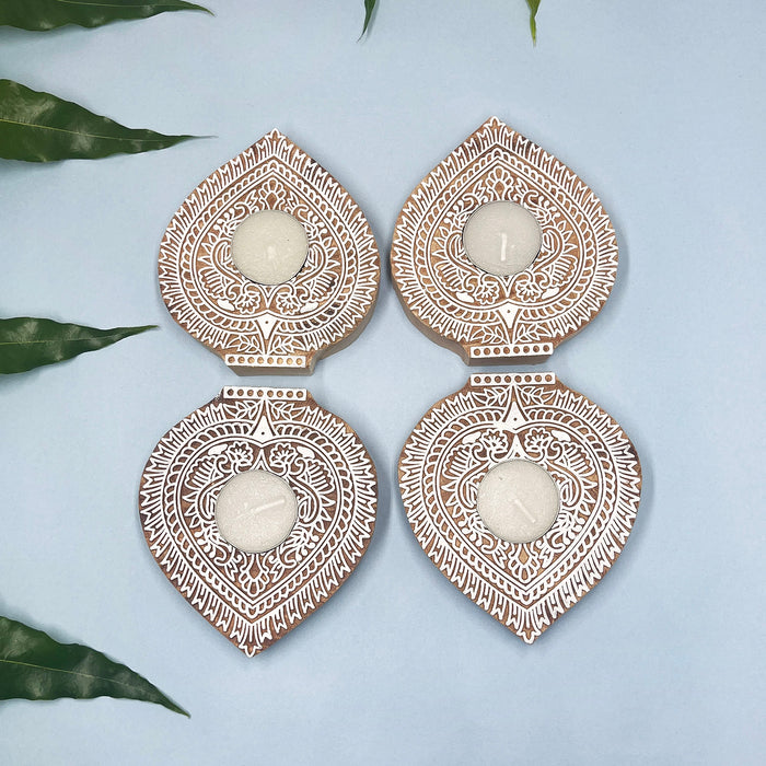 Wooden leaf-shaped candle holders for pooja and meditation décor