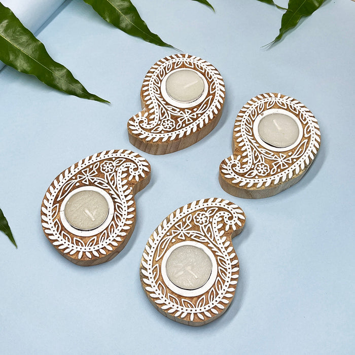 Traditional Indian paisley design tea light holders handmade in wood
