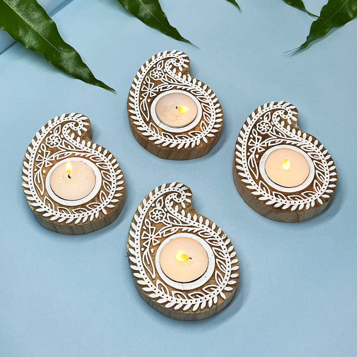 Paisley Handblock Tea Light Candle Holders in Kadamb Wood