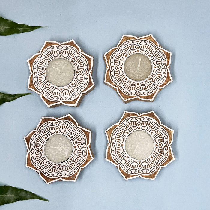 Mandala Handblock Kadamb Wood Candle Holders – Perfect for Festive Decor (Pack of 4)