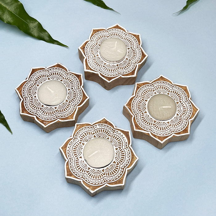 Mandala Handblock Kadamb Wood Candle Holders – Perfect for Festive Decor (Pack of 4)