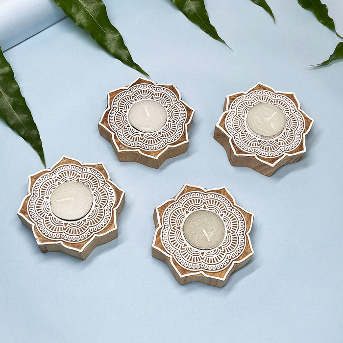 Mandala Handblock Kadamb Wood Candle Holders – Perfect for Festive Decor (Pack of 4)