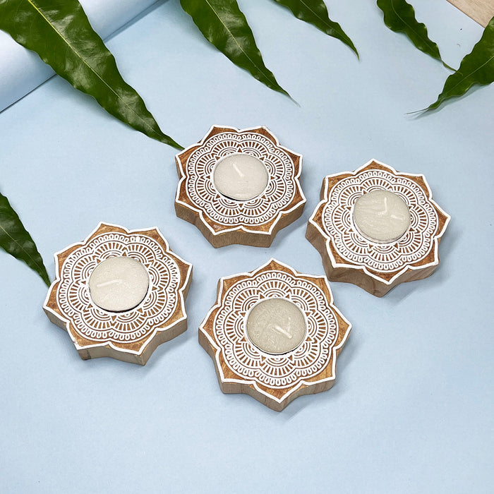Mandala Handblock Kadamb Wood Candle Holders – Perfect for Festive Decor (Pack of 4)