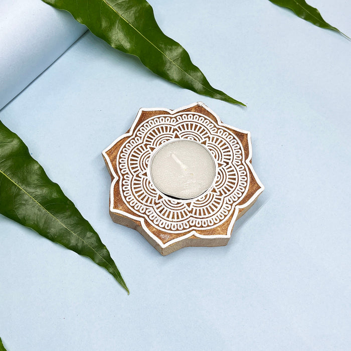 Mandala Handblock Kadamb Wood Candle Holders – Perfect for Festive Decor (Pack of 4)