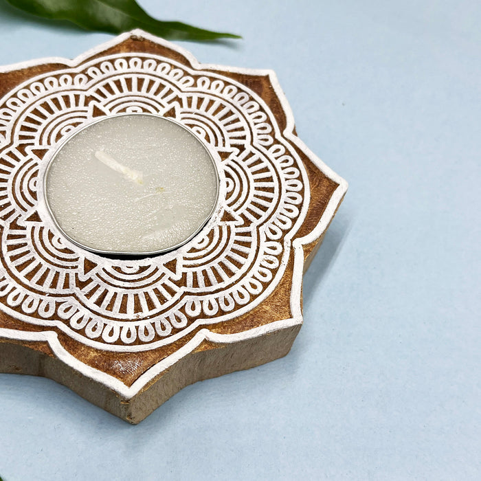 Mandala Handblock Kadamb Wood Candle Holders – Perfect for Festive Decor (Pack of 4)