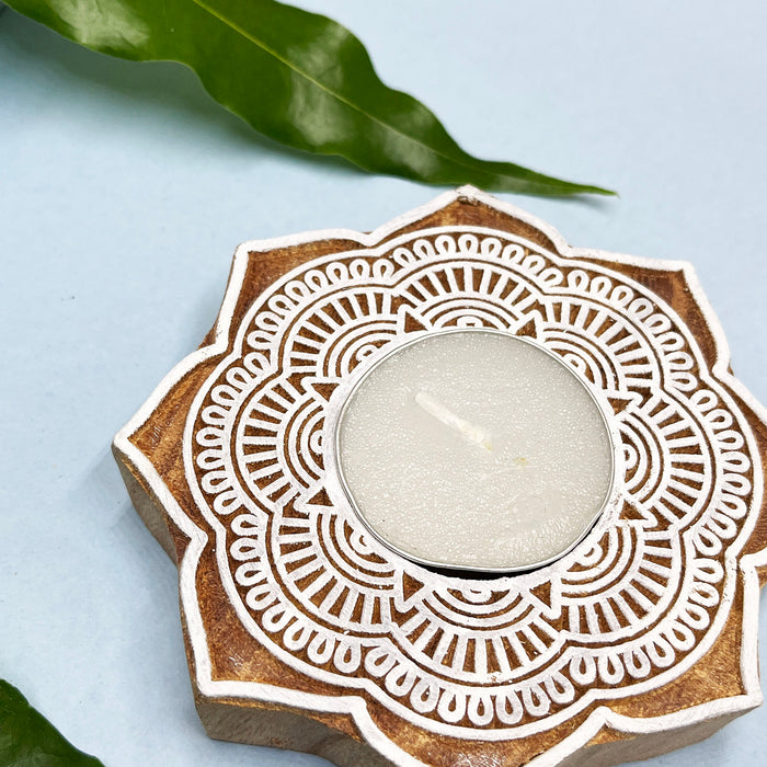 Mandala Handblock Kadamb Wood Candle Holders – Perfect for Festive Decor (Pack of 4)