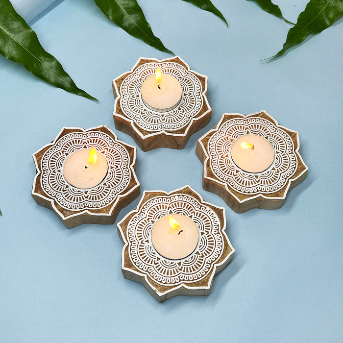 Mandala Handblock Kadamb Wood Candle Holders – Perfect for Festive Decor (Pack of 4)