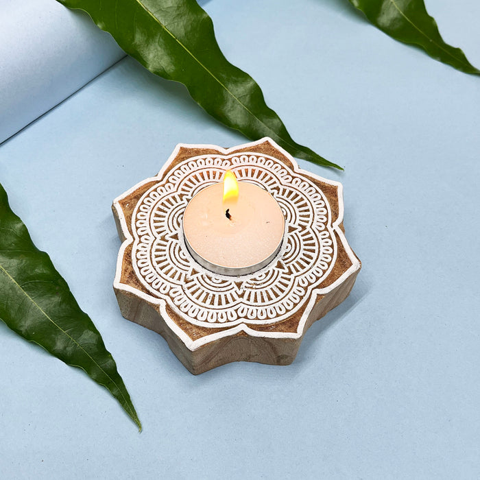 Mandala Handblock Kadamb Wood Candle Holders – Perfect for Festive Decor (Pack of 4)