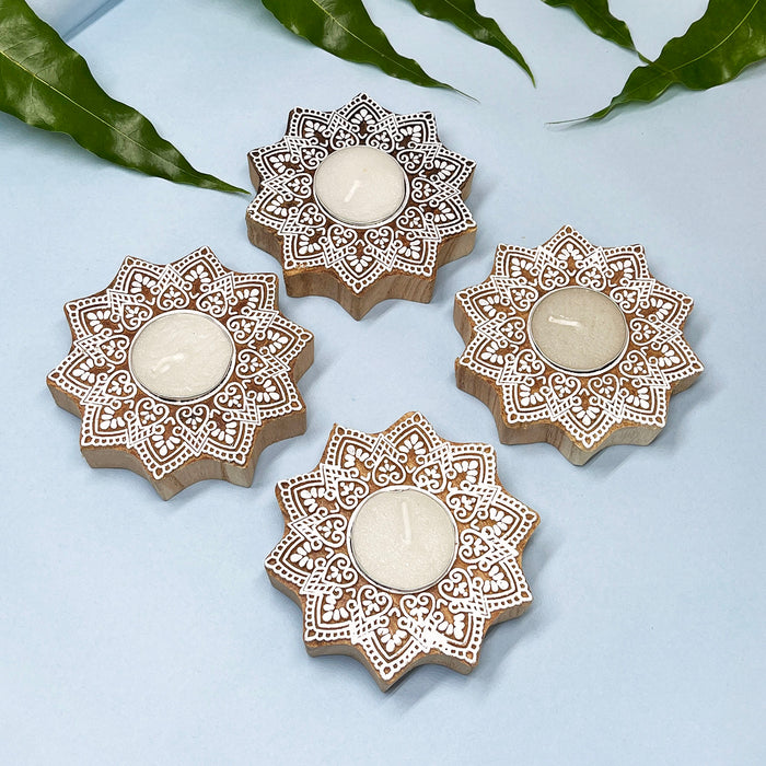 Star-Shaped Wooden Tea Light Holder with Intricate Floral Pattern (Pack of 4)