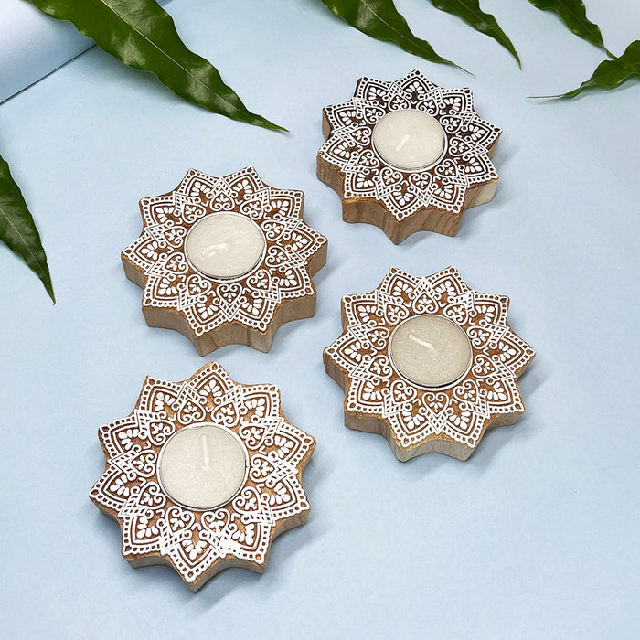 Star-Shaped Wooden Tea Light Holder with Intricate Floral Pattern (Pack of 4)
