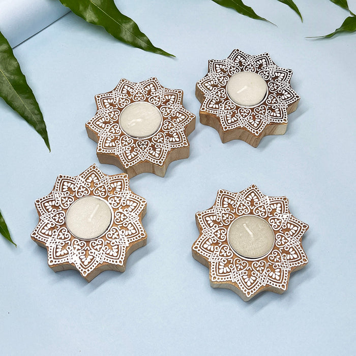 Star-Shaped Wooden Tea Light Holder with Intricate Floral Pattern (Pack of 4)