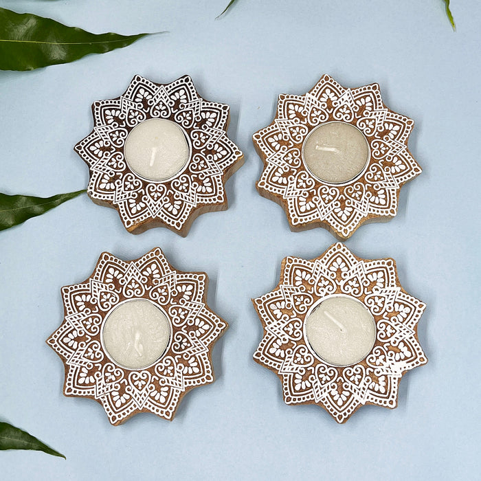 Star-Shaped Wooden Tea Light Holder with Intricate Floral Pattern (Pack of 4)