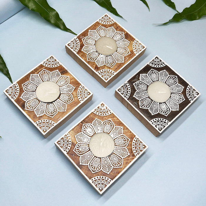 Handcrafted Wooden Handblock Tea Light Candle Holders with Traditional Indian Design