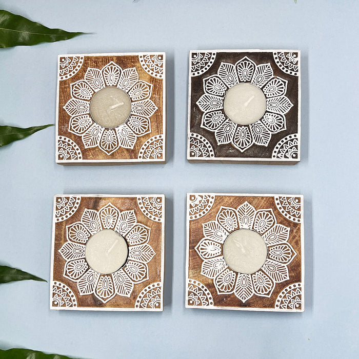 Rustic Wooden Tea Light Holders with White Floral Handblock Patterns for Festive Home Décor
